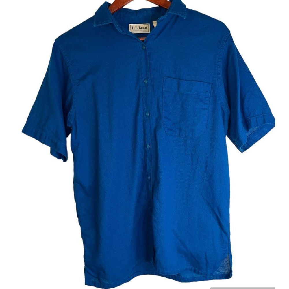 L.L. Bean Womens M Solid Blue‎ Retro Woven Button Front Breathable Outdoor Top
